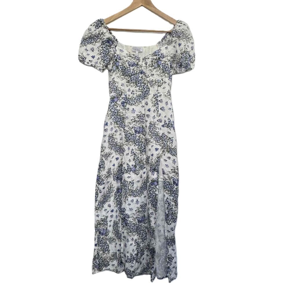 Aritzia & Other Stories Floral Blue White Short Puff  Midi‎ Milkmaid Dress US 0